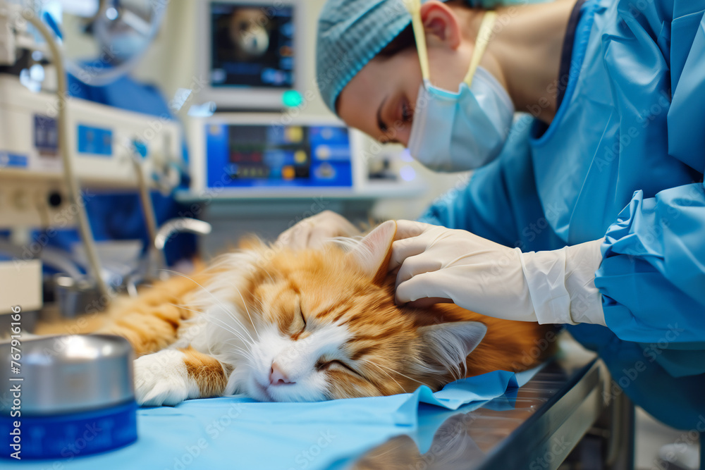 Veterinarian examines sleeping cat. Generative AI. Veterinarian examines sleeping cat. Generative AI.
