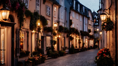 A charming cobblestone street in an old European town, lined with quaint cafes and flower-filled window boxes beneath the glow of street lamps © Farhan