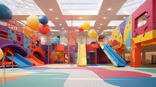 Energetic and colorful children's indoor gymnasium with climbing structures and soft floors photo