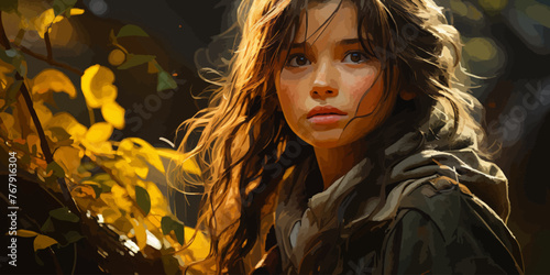 young hunter in the deep forest. adventure girl holding a bow in the forest, digital art style, illustration painting