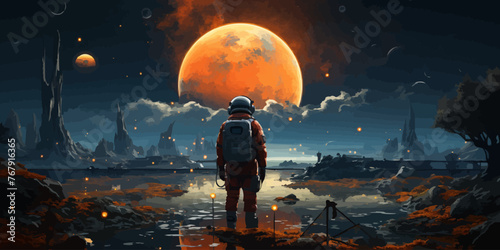 a spaceman standing on a hill surrounded by floating rocks, digital art style, illustration painting