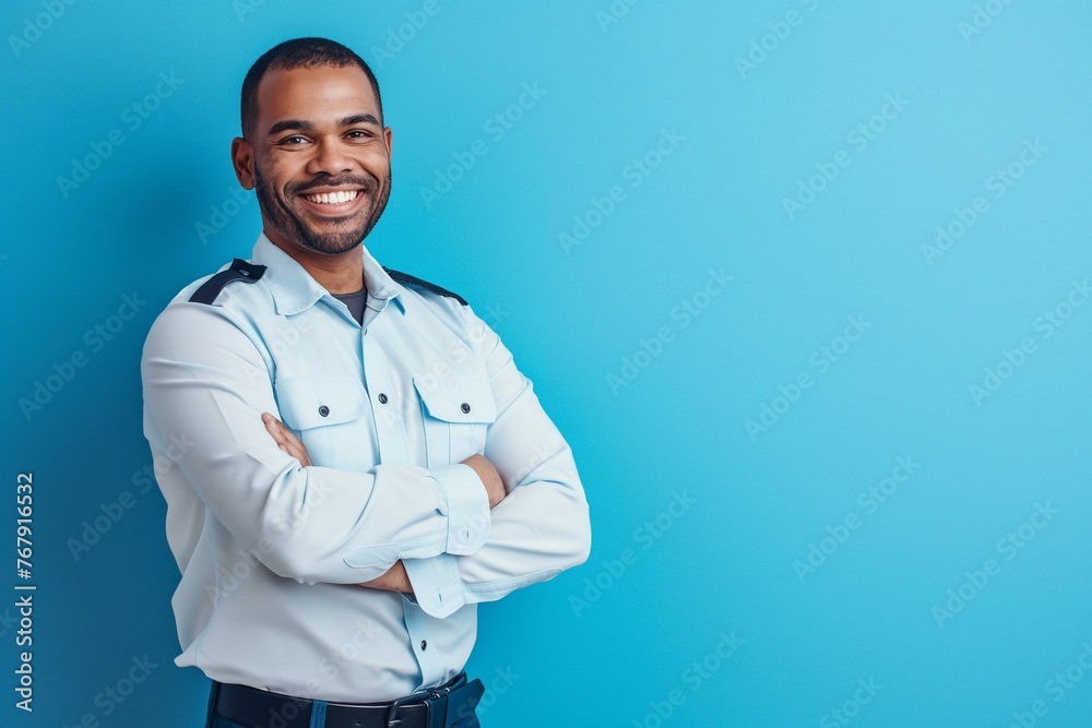 A smiling guard with his arms crossed over his chest looks at the camera on a blue background