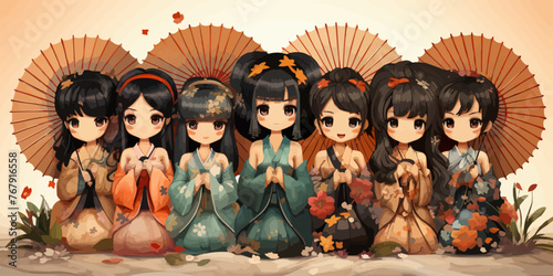 Group of anime manga girls in traditional Japanese kimono costume holding paper umbrella. vector