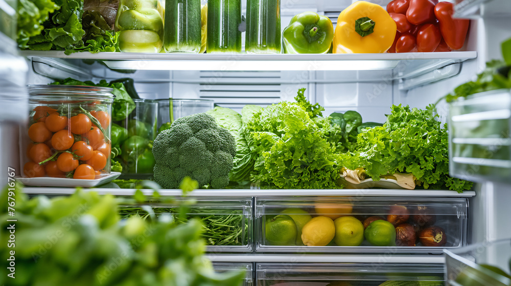 Fresh green vegetables in the refrigerator.
Fresh green vegetables in the refrigerator.