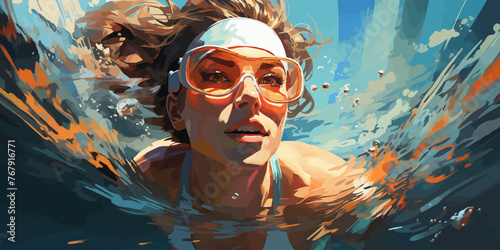 female swimming athlete is diving underwater in the swimming pool with the determination eyes vector flat bright colors