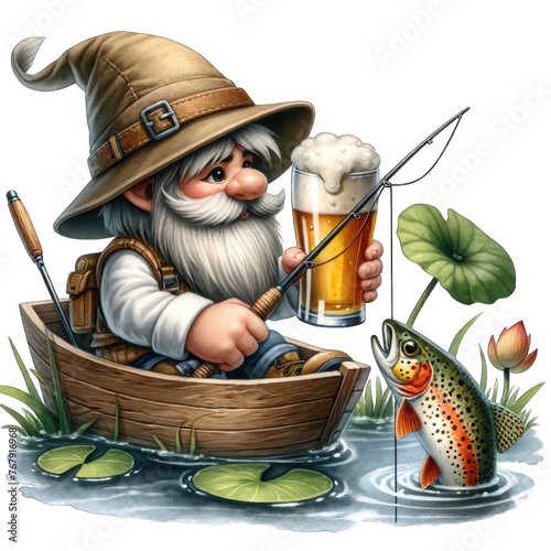 Trout fishing. Cartoon fishing gnome Transparent background.