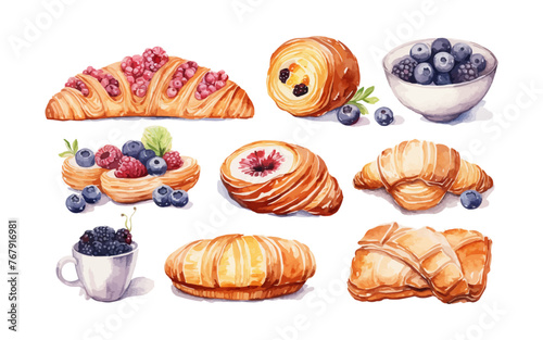 Watercolor pastries clipart croissant bagel bread cupcake pie cafe tea berries vector