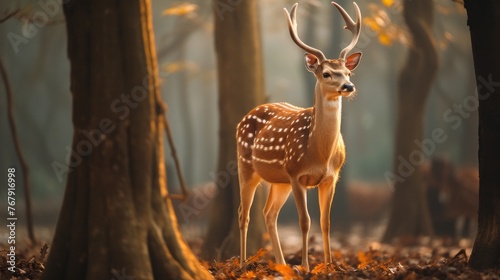 A deer stands in a forest with its antlers on display