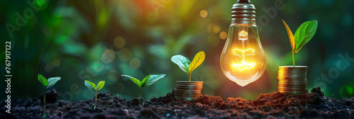 A light bulb glowing with coins and a plant growing on the ground,  financial growth concept,banner