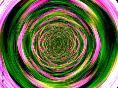 Vortex with circle shapes  green and pink colors - abstract graphic with effect of depth of space  motion  rotation  blur  infinity and mixing colors. Topics  texture  pattern  computer art