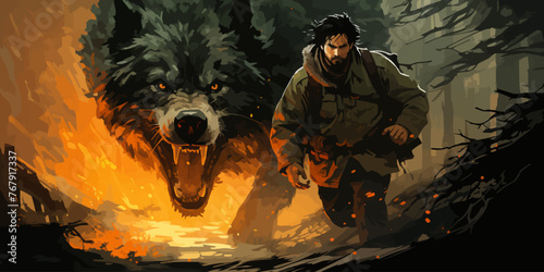 A man is running away from a large wolf