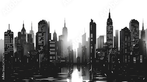 Black and white panorama city Vector artwork, generative Ai photo