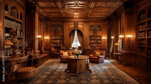 French Renaissance-inspired library of carved paneling, coffered ceilings, inlaid checkerboard floors, and reading inglenooks photo