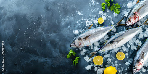 Banner Fresh fish on a wooden background with lemon and herbs. Concept template for International Tuna Day, advertising, menu and restaurants flat lay with copyspace