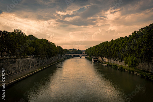 Scenic view of Seine River surrounded by green trees at a cloudy sunset in Paris, France © Wirestock