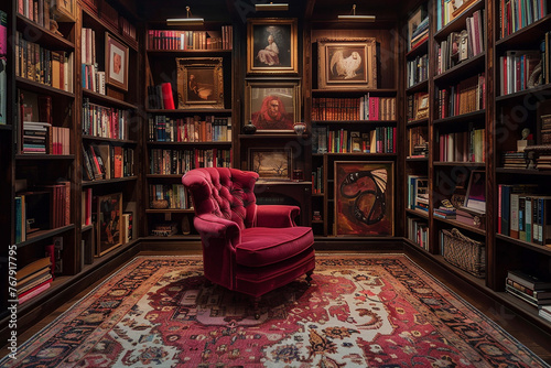 A cozy reading nook nestled in a corner, boasting a plush velvet armchair surrounded by floor-to-ceiling bookshelves filled with art books and objets d'art. photo