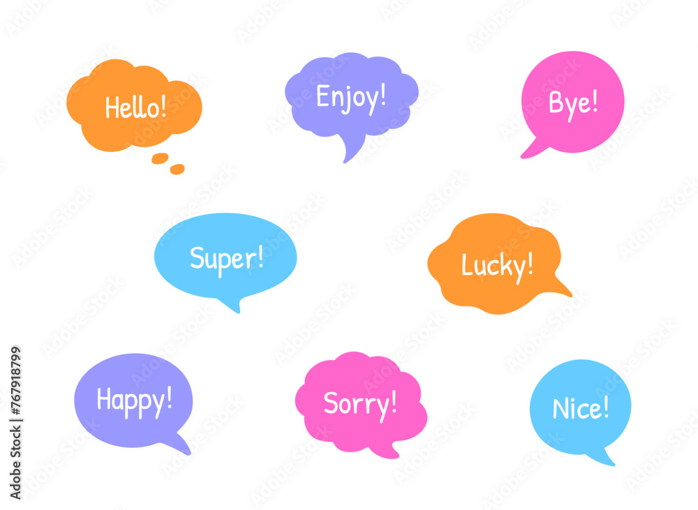 Hand-drawn doodle speech bubble frames. Set of the colorful vector text boxes isolated on a transparent background. Quote frames, speech bubble set with a comic cloud. Hand-drawn doodle sketch style.