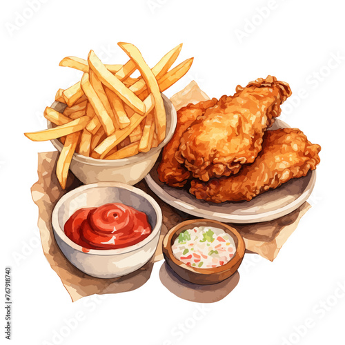 A plate of fried chicken and french fries with a side of ketchup and coleslaw