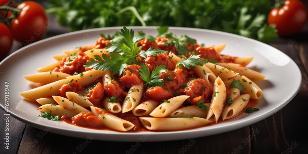 Penne Pasta with Tomato Sauce and Parsley. A delicious and simple dish of penne pasta with a red tomato sauce and a garnish of fresh parsley. Penne Pasta with Tomato Sauce and Parsley. A delicious and simple dish of penne pasta with a red tomato sauce and a garnish of fresh parsley.