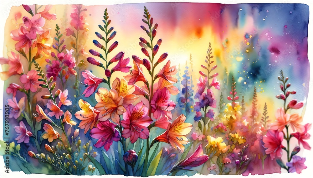 Vibrant Watercolor Painting of Montbretia Flowers