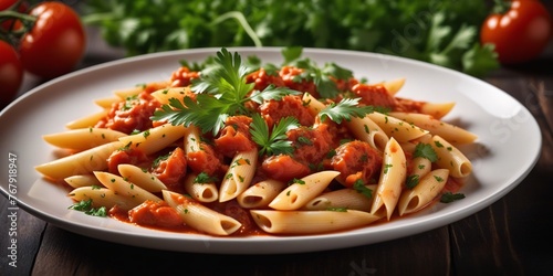  Penne Pasta with Tomato Sauce and Parsley. A delicious and simple dish of penne pasta with a red tomato sauce and a garnish of fresh parsley.
