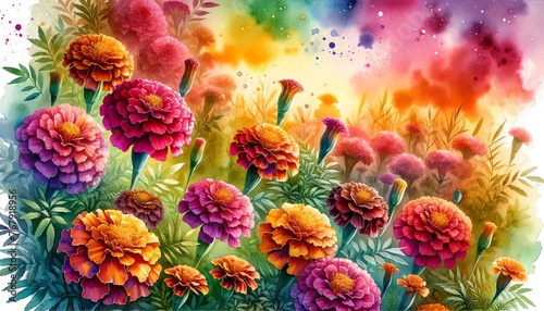 Vibrant Watercolor Painting of Marigold Flowers