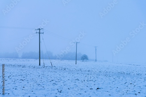 Empty fields with utility poles vanishing into the mist.