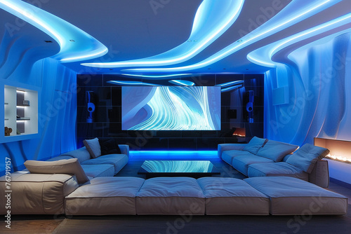 A high-tech entertainment room with a state-of-the-art sound system, a wall-mounted flat-screen TV, and a modular sofa configuration facing a dynamic LED art installation. 