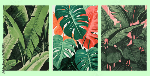 A collection of vector illustrations of realistic tropical forest leaf backgrounds, with spring and summer colors suitable for handicrafts and wall hangings