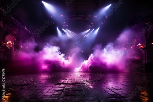 stylist and royal The dark stage shows, dark purple, multicolored background, an empty dark scene,