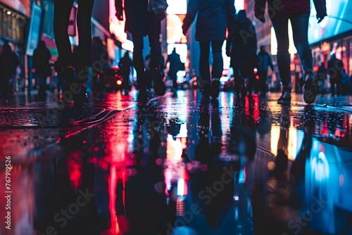 A group of people walking through a city at night their reflections glistening on the streets. Concept Cityscapes, Urban Exploration, Night Photography, Reflections, Group Portraits