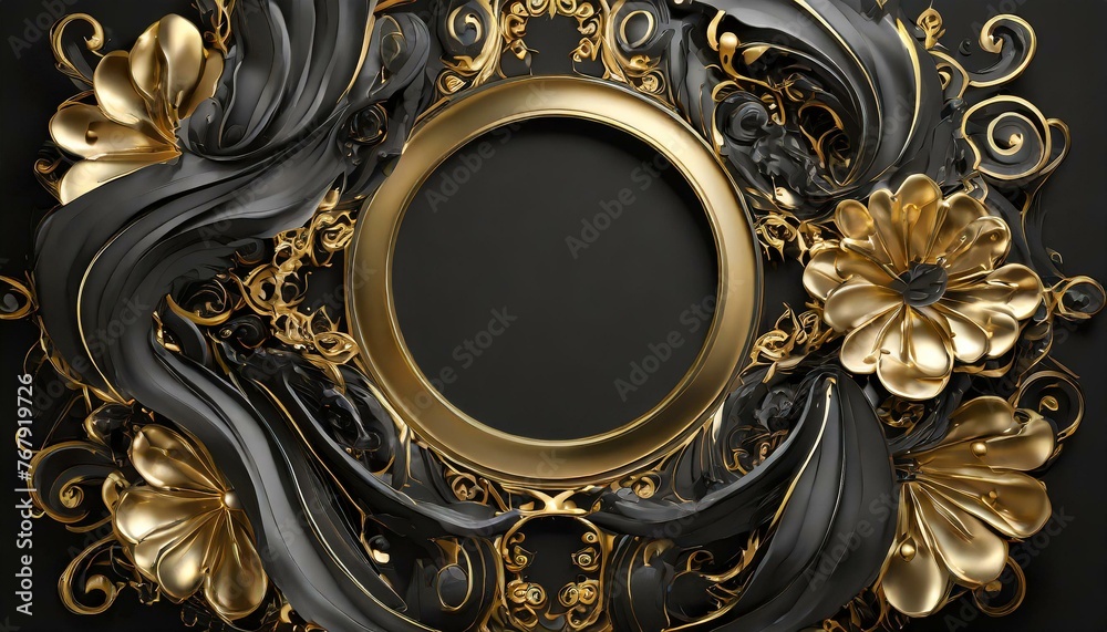 Gilded Intricacies: Sculptural Black Abstract Surrounding a Gold-Trimmed Circle on Ebony Gilded Intricacies: Sculptural Black Abstract Surrounding a Gold-Trimmed Circle on Ebony