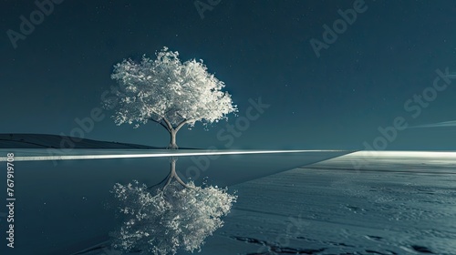 endless mirror with only a lonely white glowing holy tree on it, outdoor exhibition, night skylight exposure with stars, Classicism,  photo