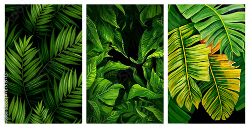 A collection of vector illustrations of realistic tropical forest leaf backgrounds, with spring and summer colors suitable for handicrafts and wall hangings
