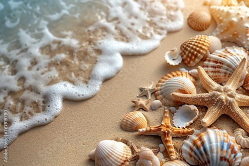 Top view of a sandy beach with collection of seashells and starfish as natural textured background © TIYASHA