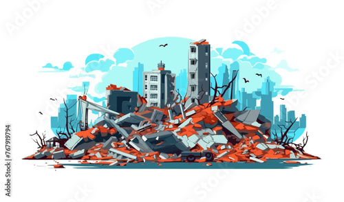 A city is destroyed with buildings in ruins and a pile of rubble