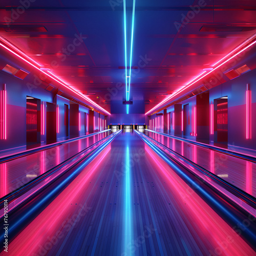 bowling alley lane with neon lights copy space, generative Ai © Zoya