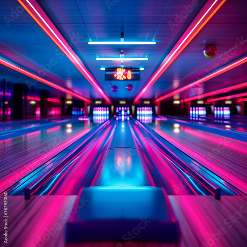 bowling alley lane with neon lights copy space, generative Ai
