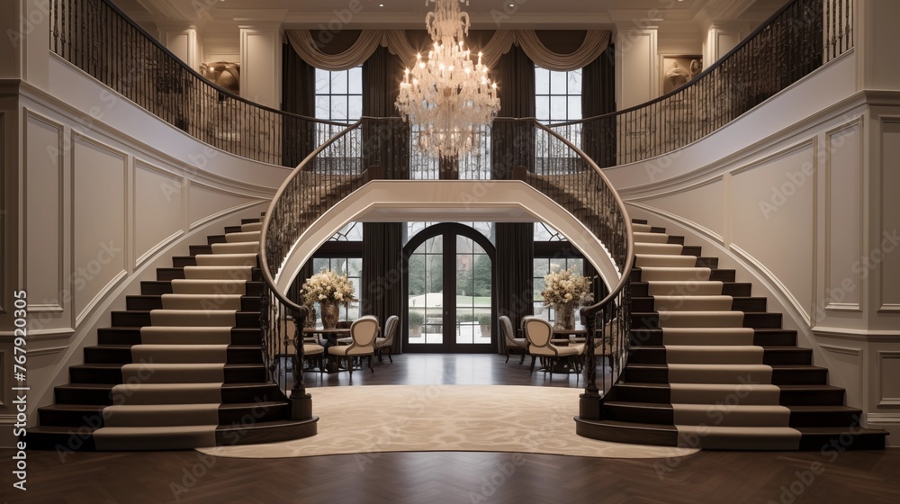 Grand two-story entry hall with twin curved staircases and dazzling chandelier