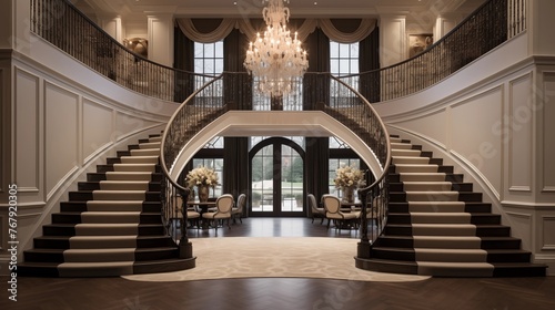 Grand two-story entry hall with twin curved staircases and dazzling chandelier