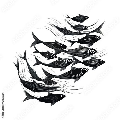 Black flock of swimming fish. Vector illustration