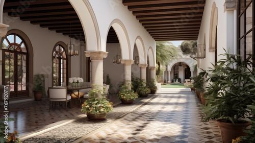 Historic Spanish villa-inspired loggia hallways with arched walkways, balconies, tiled fountains and bubbling wall accents