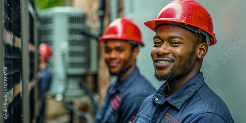 Diverse group of smiling professionals wearing hard hats at an industrial facility. photo