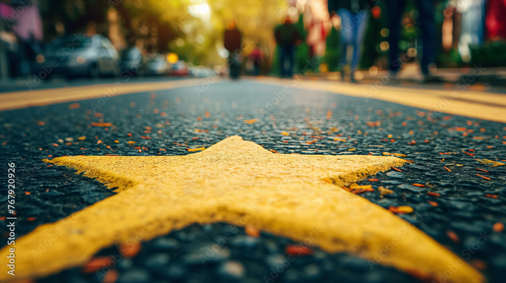Fototapeta premium A painted yellow star on the asphalt of a bustling street, hinting at direction or significance amidst urban life.