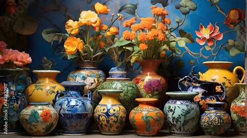Artistic Ambiance: Majestic Majolica Pots Adorning a Mural Tabletop - HD Wallpaper Showcase