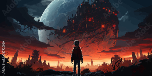 the boy walking to the broken giant robot which is being repaired in old factory, digital art style, illustration painting