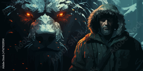 The man in the hood with spear faceing the giant winter wolf, digital art style, illustration painting