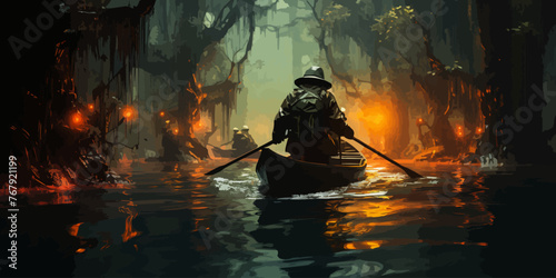 man in a protection suit rowing a boat in poison swamp, digital art style, illustration painting photo