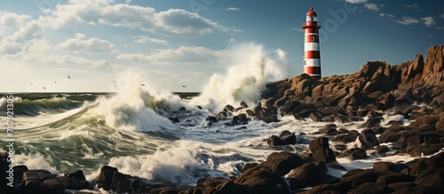 Lighthouse on the rocky coast of the Atlantic ocean photo