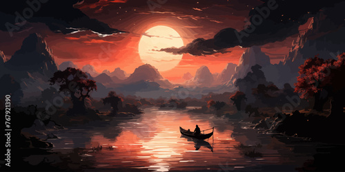 fantasy world scenery showing a boy rowing a boat in the land of volcanic, digital art style, illustration painting © Sanych